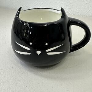 Cat Face Ceramic Coffee Mug Cup with Ears and Whiskers Black Kitty